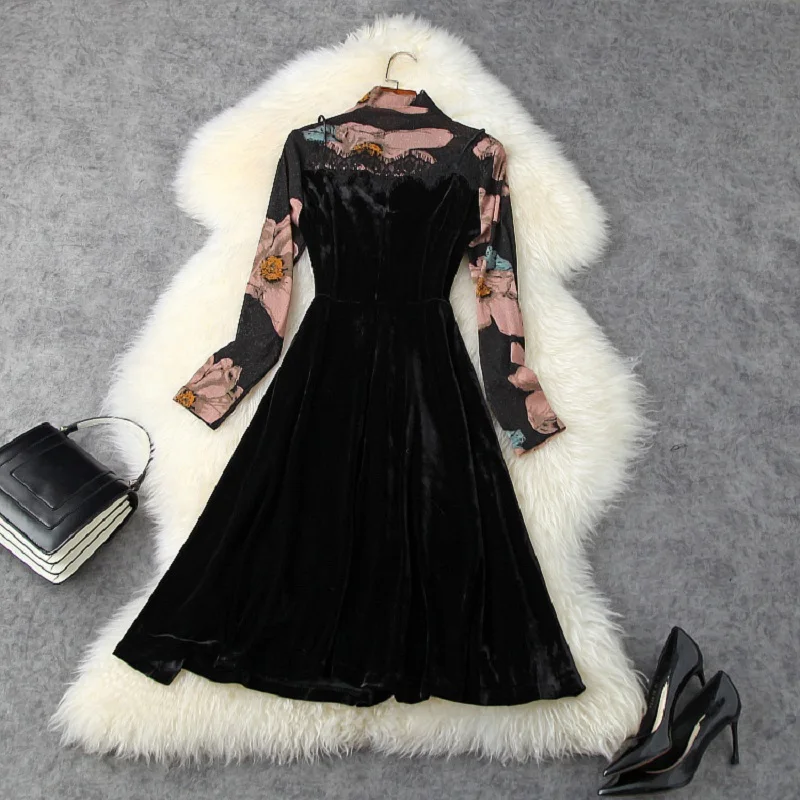 

2020 New High Quality Lace Dress Autumn Women Fishtail Velvet Party Dress Vintage Office Celebrities Sexy Printed Mesh Dresses