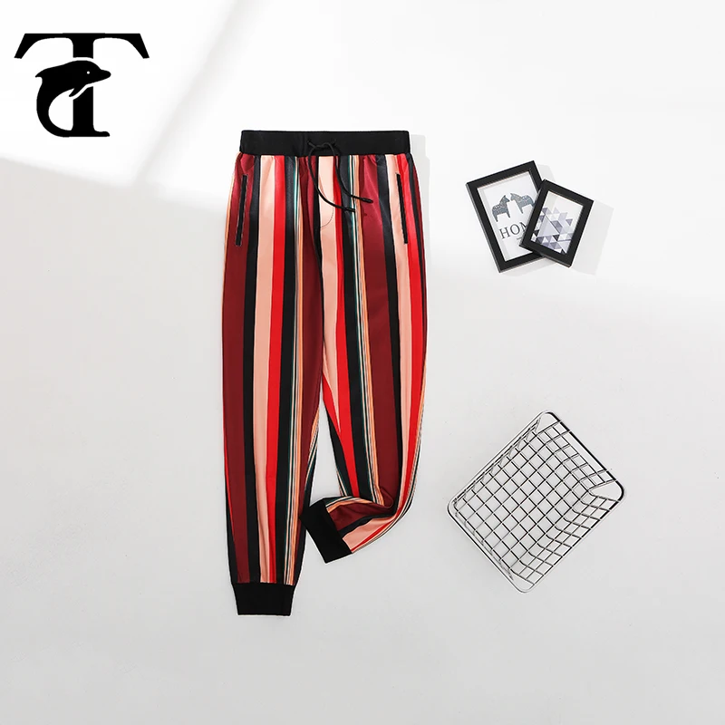 

Summer Full-Length Printed Pants Men Hip Hop Harajuku Casual Red Elastic Waist Striped Sweatpant Home visit camping trousers men