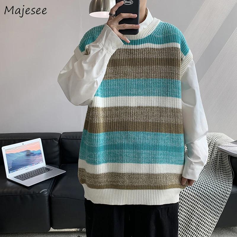 

Men Sweater Vests Japanese Style Slouchy Striped O-neck Knitwear Oversize Unisex Students Autumn Jumpers Males Sleeveless Trendy