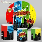 Фон для фотографирования с изображением супергероев города, вечеринки в честь рождения ребенка, круга, круглых фонов, торта, стола, баннера, накладки