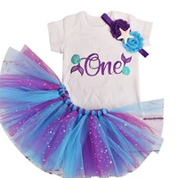 set of three baby girls mermaid 1st birthday party outfit white short sleeves romper tulle mesh skirt with flower headband