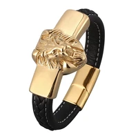 stylish black leather men bracelets bangles gold lion head stainless steel magnetic buckle wristband male punk jewelry sp0820
