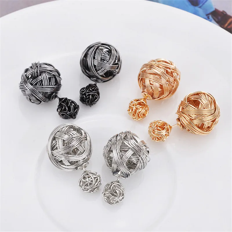 2020 корейские двухсторонние полые серьги гвоздики с металлической обмоткой из