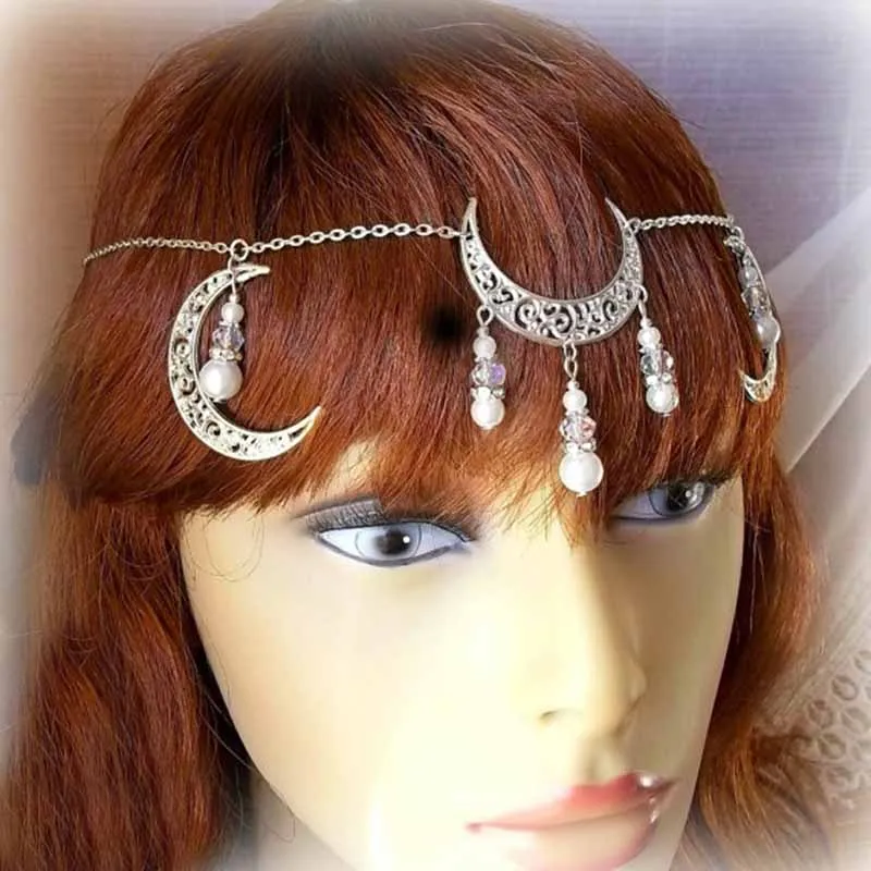 

India Ethnic Head Jewelry Gold Silver Color Moon Bead Head Chain For Women Gift T218