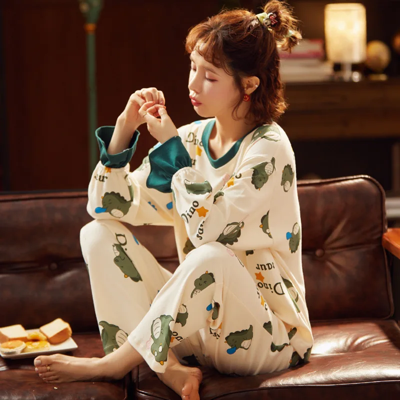 

Women Pink Cartoon Cat Long Sleeve Cute Pyjamas Autumn Home Clothes Comfortable Homewear Women Lounge Sleepwear Cotton Pajamas