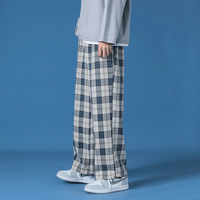 

Men's Japanese-Style Black And White Plaid Casual Trousers New Man Polyester Drawstring Elastic Leg Opening Ankle Length Pants