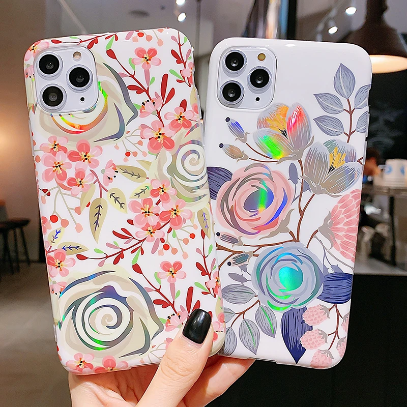 

Glossy Laser Flower Phone case For iPhone 13 12 Mini 11 Pro Max X XR XS SE2 case Silicone Soft TPU Back Cover for iphone 13 case