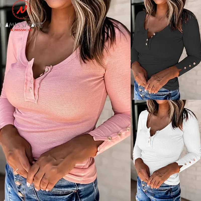 

Fashion Women Solid Color T-Shirts for Streetwear Patchwork Design Button Decor V-Neck Long Sleeve Spring Autumn Slim Top
