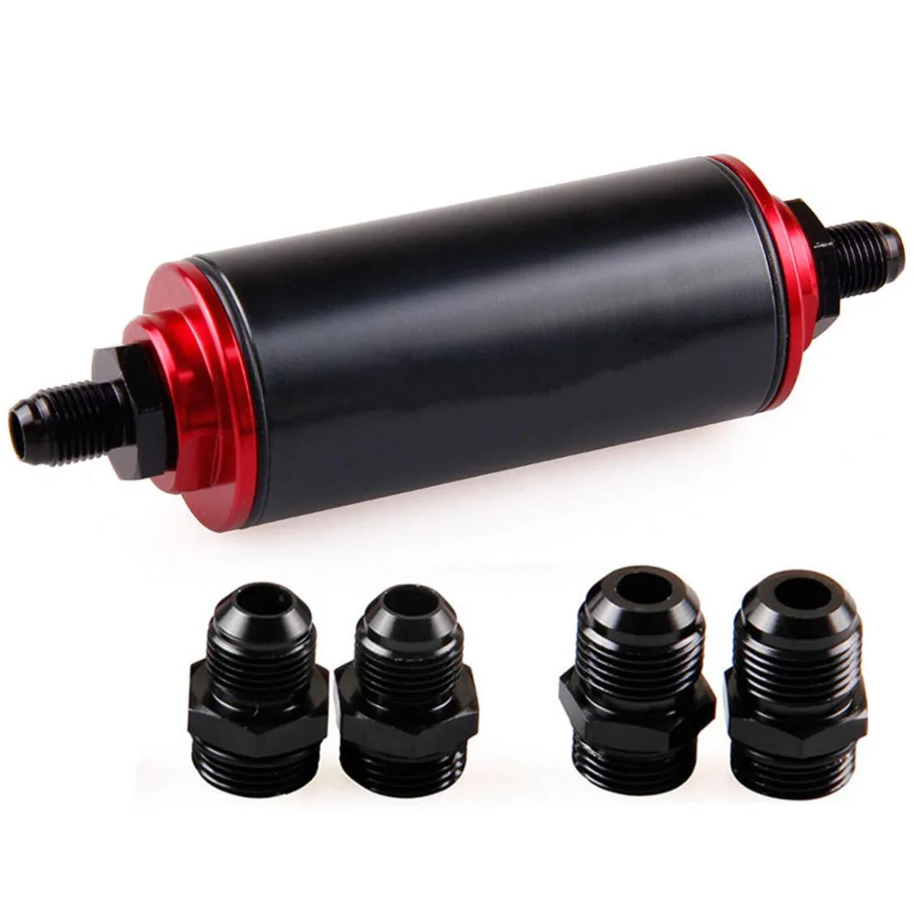 

50mm Red Filter 100 Micron Cleanable Inline Fuel Filter Mount Universal High Flow Turbo 6AN 8AN 10AN Adapter