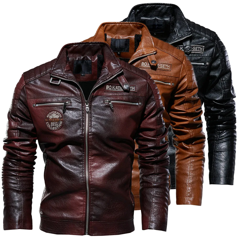 Winter fleece leather jacket male motorcycle PU leather jacket male stand-up collar casual windbreaker slim coat 3XL