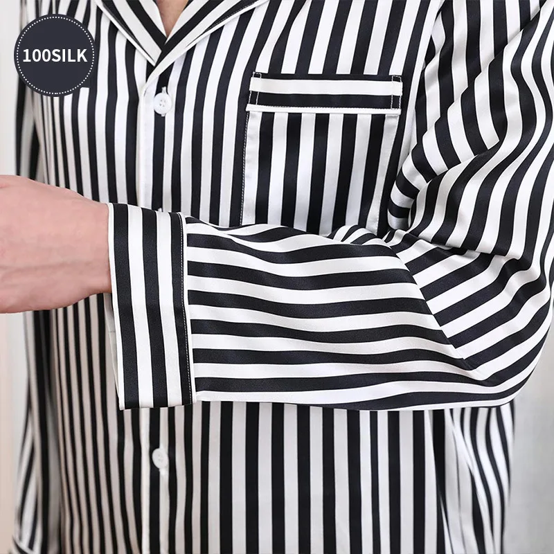 19 mm 100 mulberry silk striped men's pajamas set long-sleeved 100 mulberry silk sleepwear for men