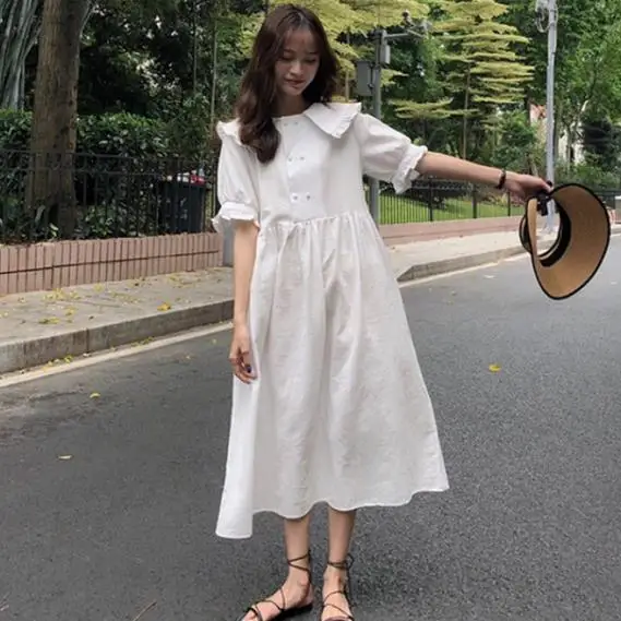 Японское летнее женское длинное платье в стиле Mori Girl с воротником Питер Пэн