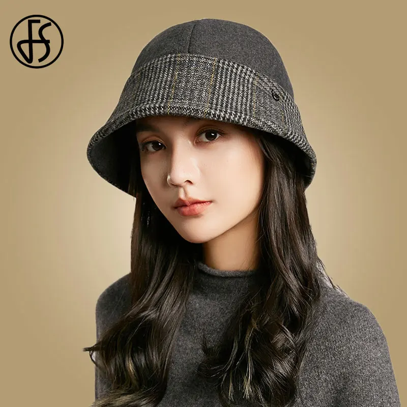 

FS Winter Hats For Womens Wool Wide Brim Fedora Hat Black Vintage Felt Hats Patchwork Ladies Cloche Bowler Elegant Church Cap