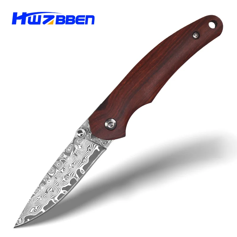 

HWZBBEN Red Sandalwood Damascus Steel Defense Folding Knife Portable Outdoor Tactical Camping Hunting Survival Tool EDC Knives