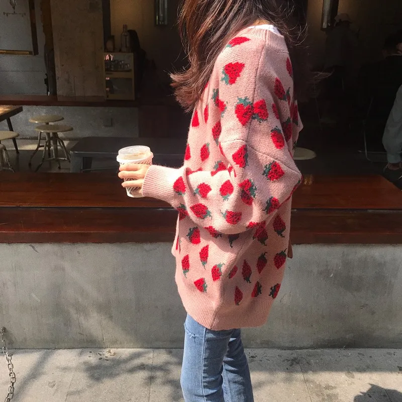 Korobov Korea Ulzzang Sweet Strawberry Print Knit Sweater Female Cute Casual Fashion O-neck Long Sleeve OverSize 79191 | Женская одежда