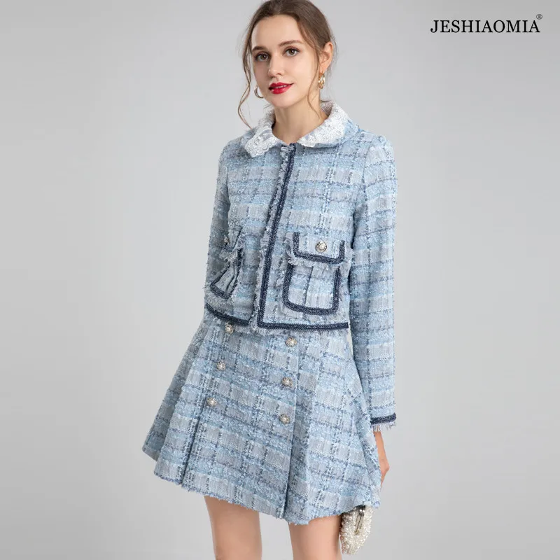 

Осенний пиджак с воротником «Питер Пэн» и карманами спереди и плиссированная юбка JESHIAOMIA, 2021