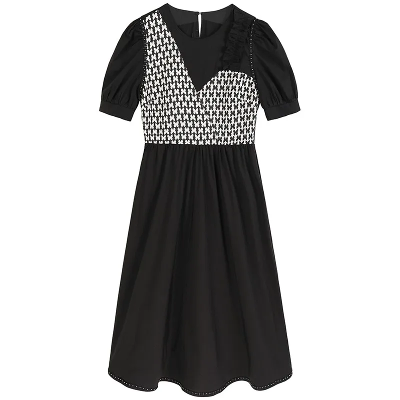 

Hepburn Style Summer Slim Waist Elegant Vestidos Pastel Retro Lattice Harajuku Fake Two Black Korean Plus Size Dress Women