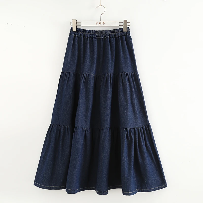

Spring 2021 new fresh and pure color stitching and large swing A-line skirt elastic mid-waist literary retro denim skirt women