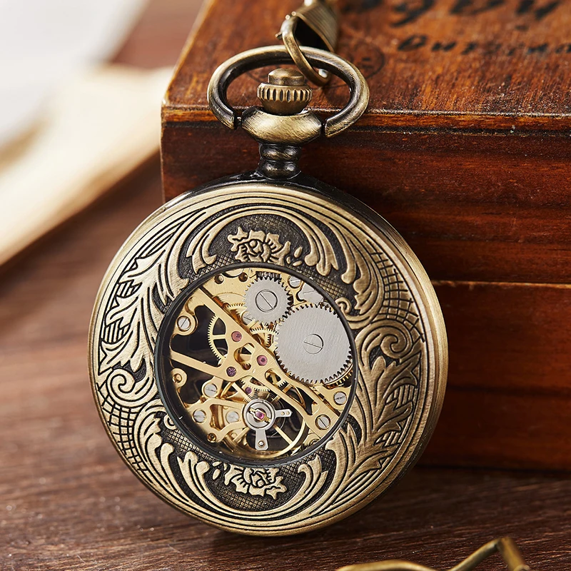 Gold Mechanical Pocket Watch Hollow Steampunk Train Engraved Hand Winding Watch Skeleton Fob Chain Necklace Pendant Clock