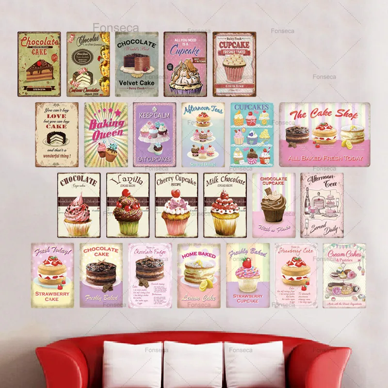 

Dessert Cake Shop Chocolate Cake Strawberry Cream Cake Metal Poster Plaque Metal Vintage Metal Tin Sign Decor Wall Decor For