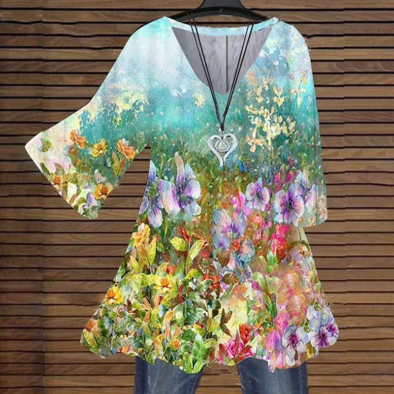 

Sexy V-Neck Blouse Spring 2021 Autumn Loose Floral Print Vintage Shirt Elegant Women Half Sleeve Casual Tops Blusas Streetwear