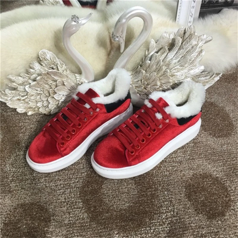 Новые модные бархатные женские кроссовки со шнуровкой зимние носки меховые