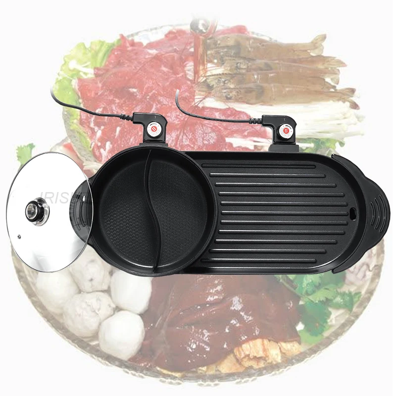 

220V Electric Barbecue Grill Machine 2 In 1 Hotpot Non-stick Household Multi Cooker Pan Hot Pot Two Flaver Hot Pot