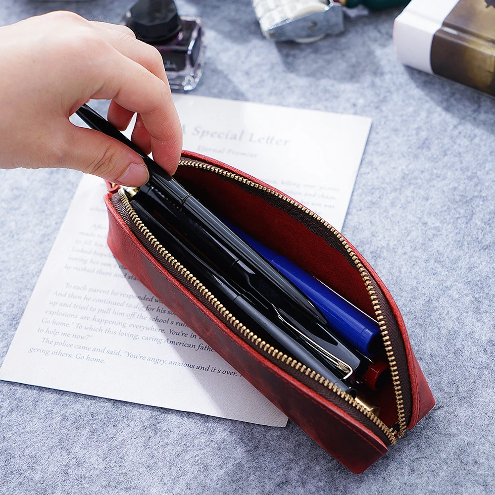 Moterm Handmade Genuine Leather Zipper Pen Pencil Bag Vintage Retro Style Creative School Stationary Accessories Free shipping|pencil bag|pen