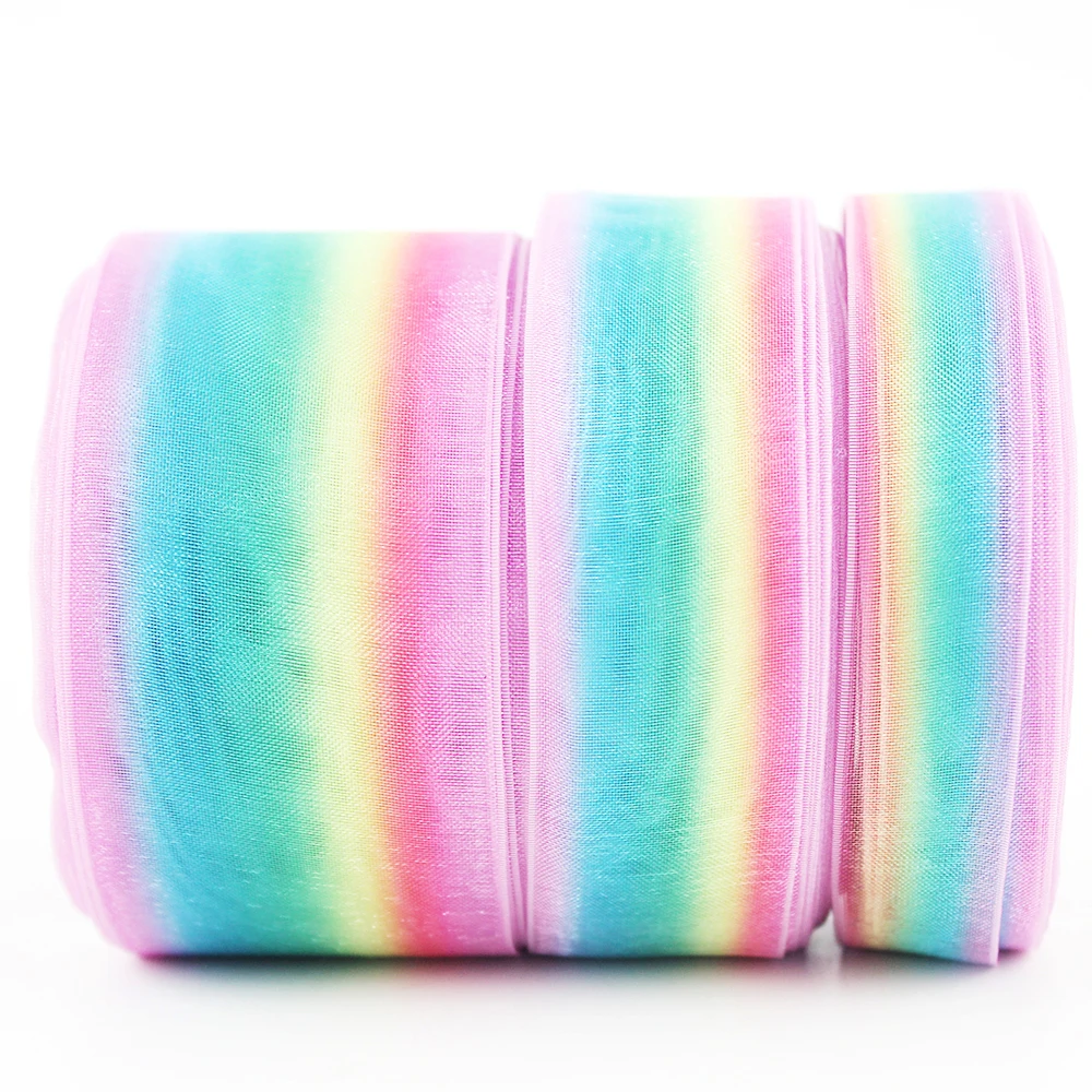 New 16mm 25mm 38mm Rainbow Printed Stripe Organza Ribbon 25 yards Sewing Silk Ribbons DIY Gift Wrap Bows Webbing