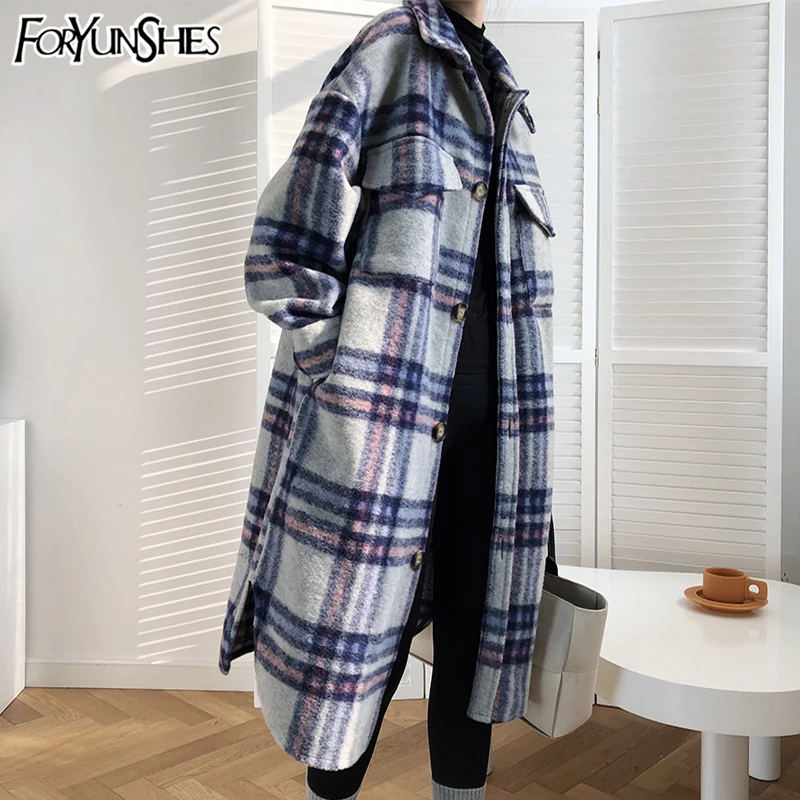 FORYUNSHES женские зимние шерстяные пальто 2020 Женская клетчатая Печать Ретро теплая
