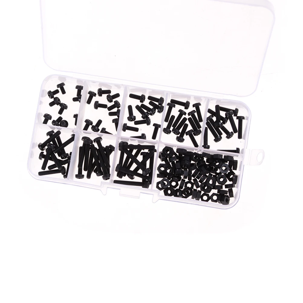 Винты/гайки черного цвета M3 нейлоновые черные шестигранные 8 размеров набор в