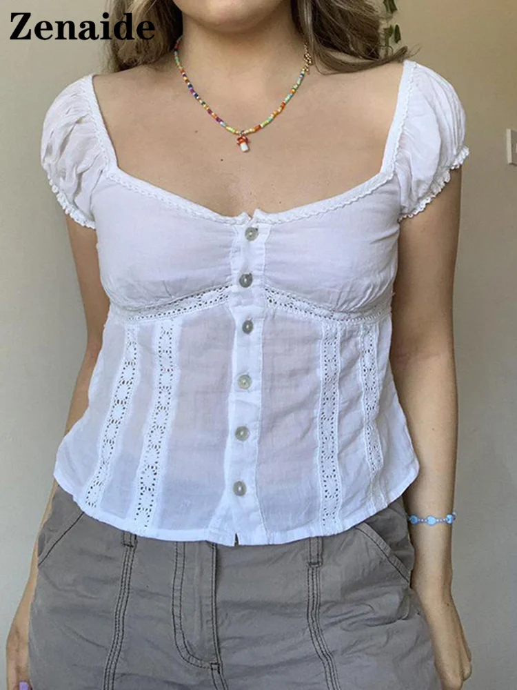 

Женский Кружевной укороченный топ Zenaide, белый пикантный укороченный топ с квадратным вырезом и рукавами-фонариками, Y2K, лето 2022