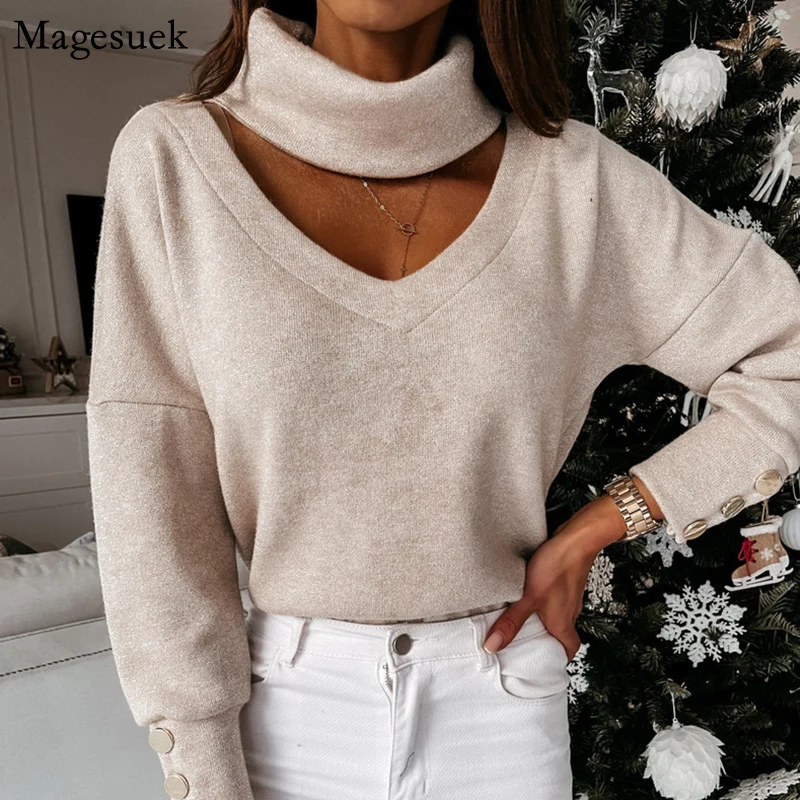 

Hollow Out Long Sleeve Casual Jumper Sweaters V-neck Loose Women Sweater Pullover Autumn Winter Thin Knitted Sweater Tops 12836