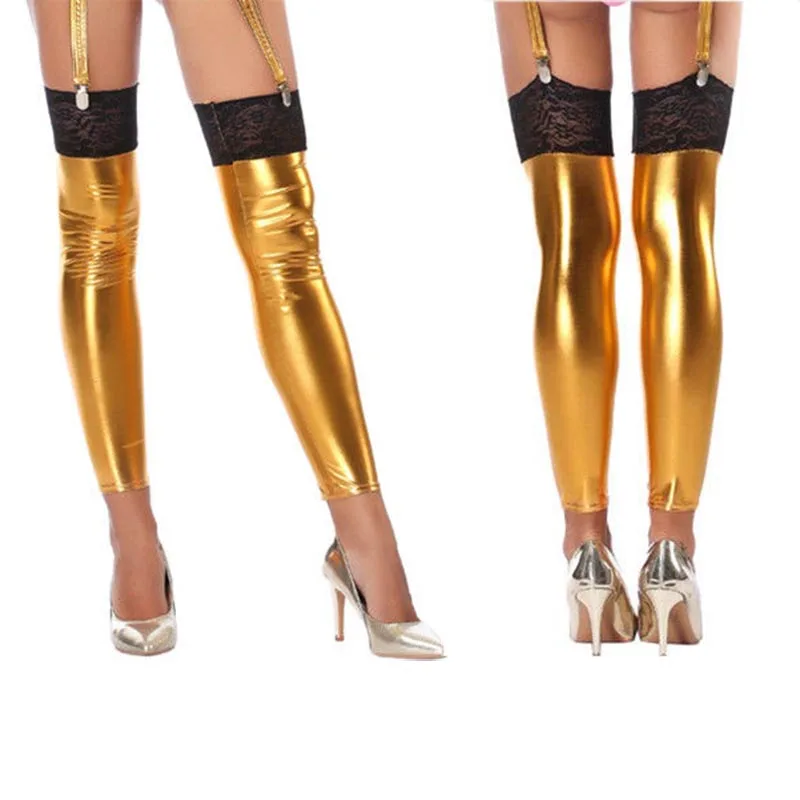 Пикантные женские блестящие чулки до бедра без ног из фольги кружевной топ