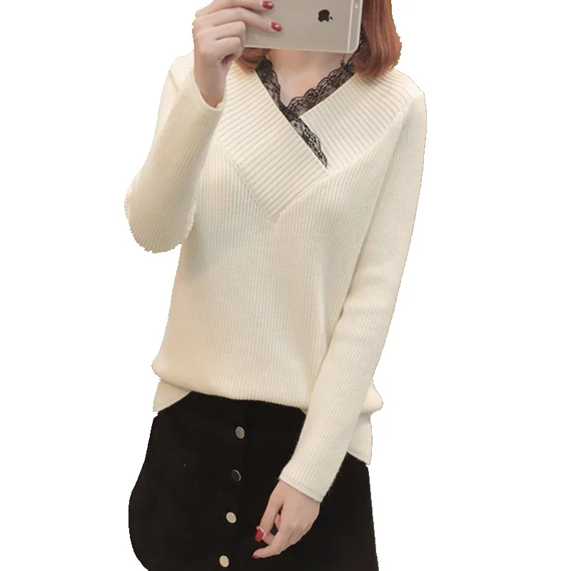 Осенний и зимний новый кружевной пуловер с v-образным вырезом женский модный