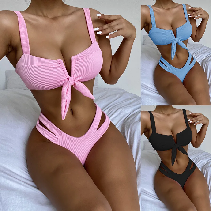 

Women Fashion Sexy Push Up Bikini Tied Top Swimsuit Women Hollowed Bandage Swimwear Thong Two-pieces Bikinis Set Bathing Suit