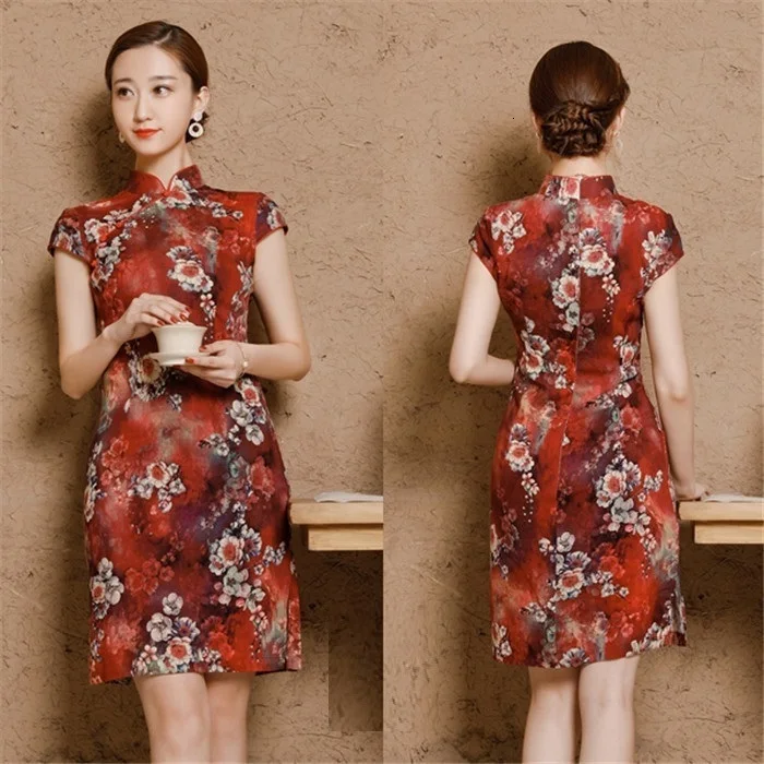 Китайские платья Ципао Cheongsam из хлопка и льна Mujer Vestidos размера плюс для женщин короткие 3XL 4XL 5XL летние Новое поступление