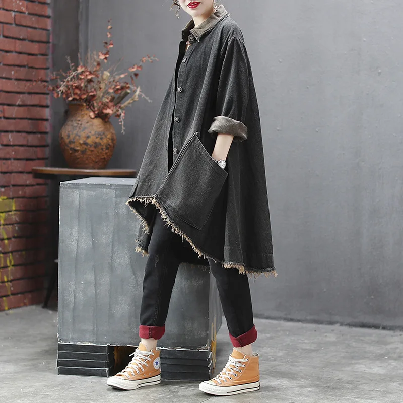 Уличная одежда для девочек джинсовые пальто с необработанными краями большие