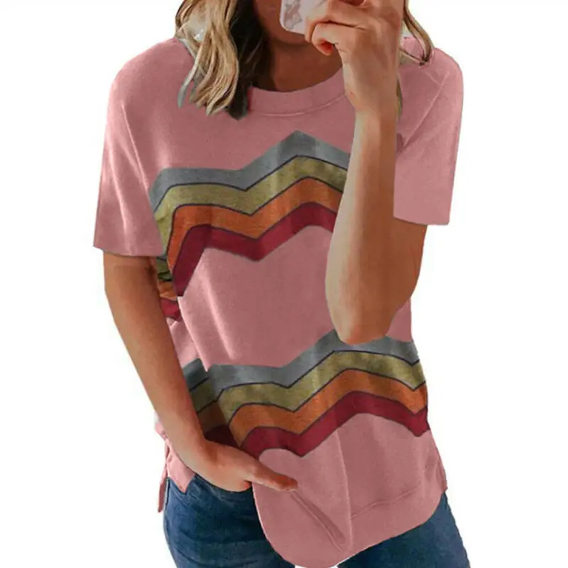 

Womens Summer Color-Blocked Short Sleeve T-shirt Casual Loose Blouse Plus Size