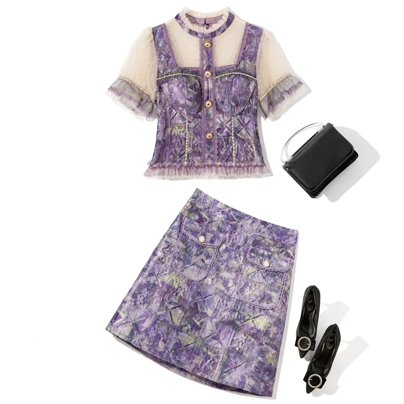 

French retro summer 2021 new print hollowed-out wooden ear court lace short sleeved two-piece dress