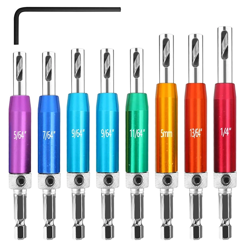 

9-Piece Self-Centering Drill Bit Set, Hexagonal Handle Self-Centering Hinge Drill Bit Tool for Woodworking Door Hinges