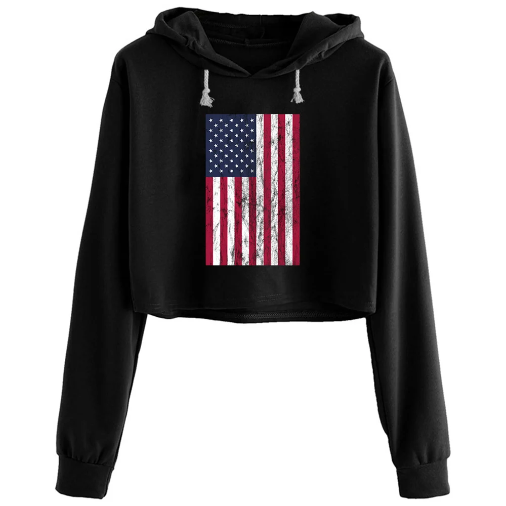 

Us Flag Vintage Retro Grunge Crop Hoodies Women Y2k Kawaii Goth Grunge Pullover For Girls