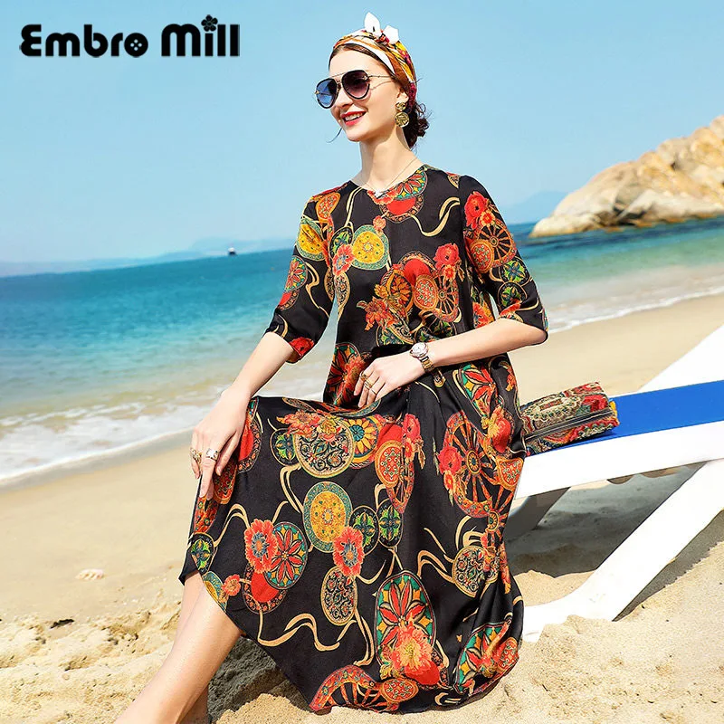 

Свободное платье с шелковым принтом, женское новое летнее пляжное платье, шелковое платье средней длины с круглым вырезом и рукавом три чет...