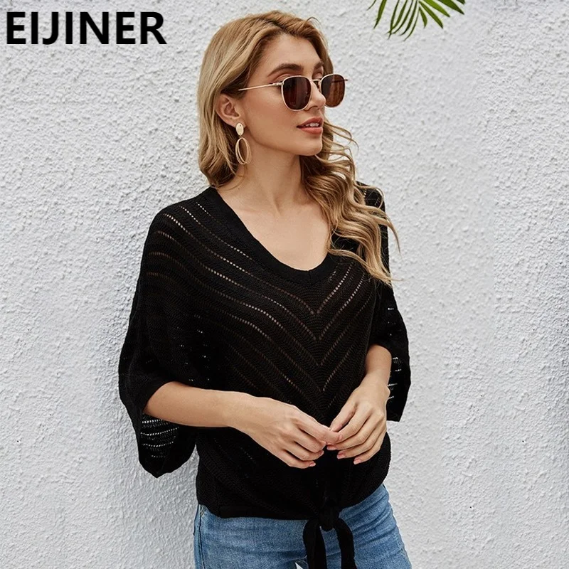 

Black See-Through Bat Sleeve Casual Pullover Knitted Sweater Women Spring Autumn Fashion V-Neck Plus Size Bandage Yellow Sweater