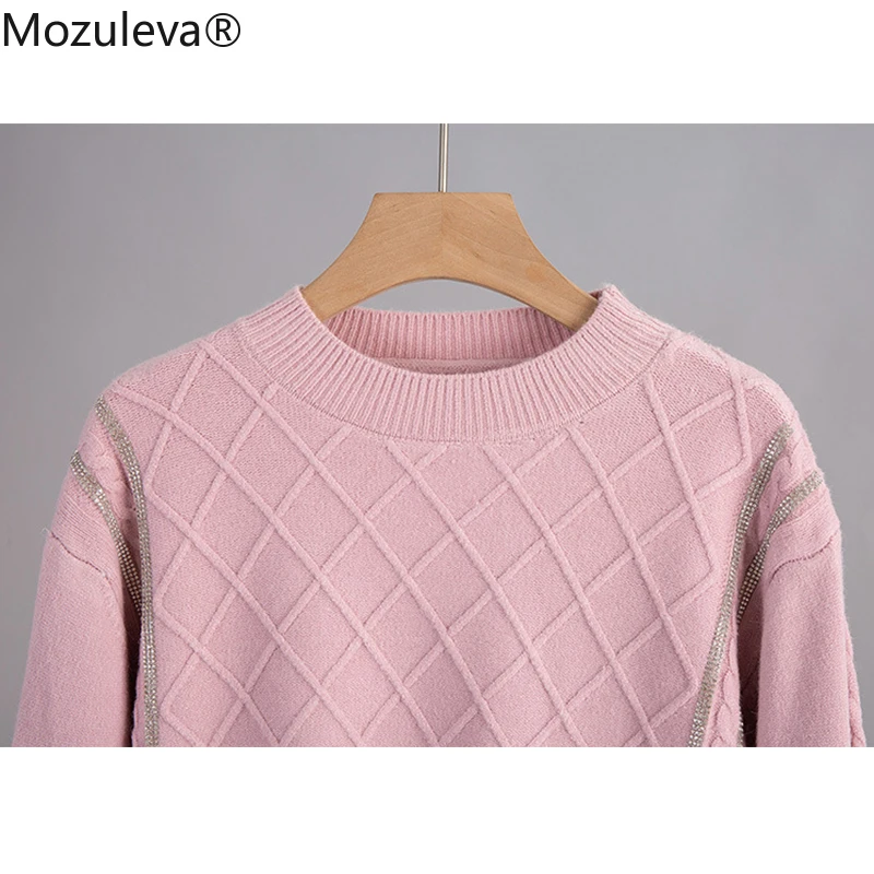 Mozuleva Women Knitted Two Piece Tracksuits Autumn Winter Diamond Loose Sweater and Full Length Harem Pants 2 Set Outfits |