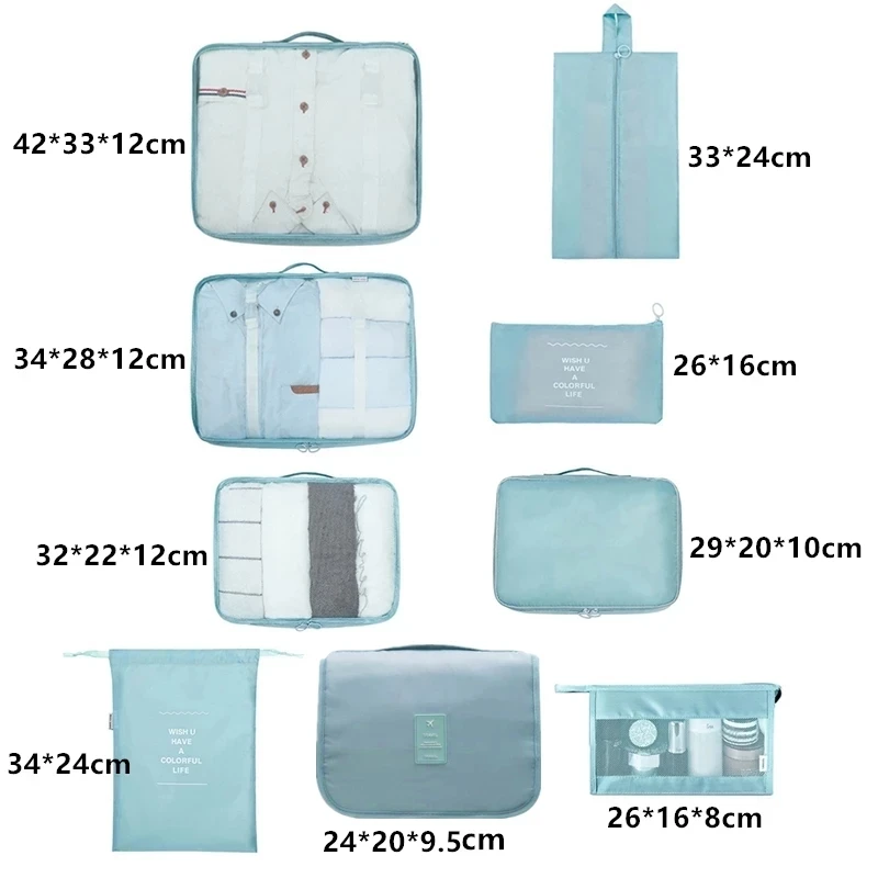 9Pcs/set Travel Clothes Classification Storage Bag For Packing Cube Shoe Underwear Toiletries Organizer Pouch Travel Accessories