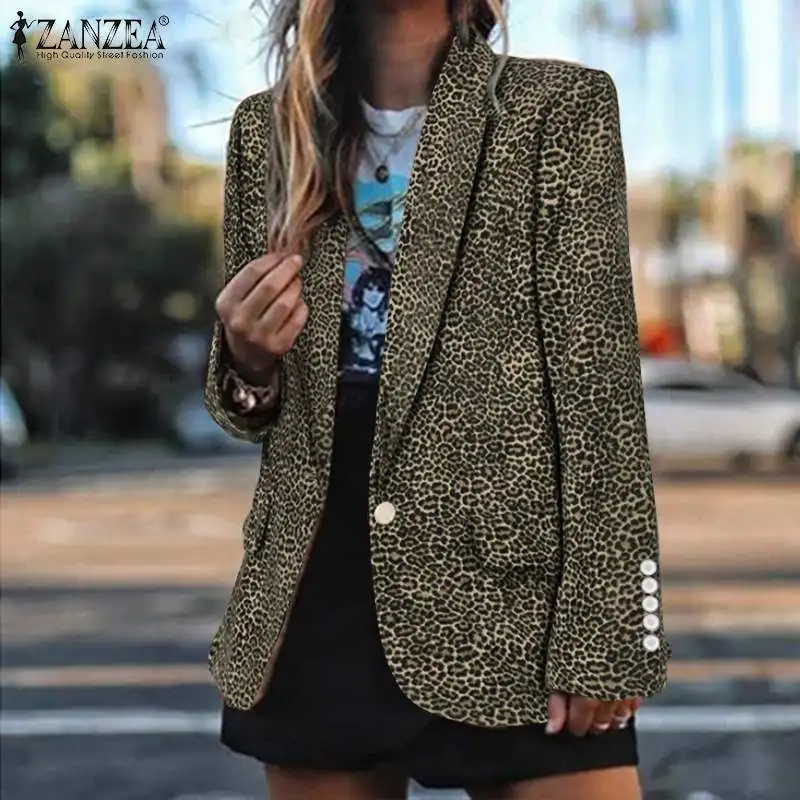 

ZANZEA Fashion Women Leopard Blazer Casual Long Sleeve Corduroy Printed Coats Elegant Lapel Button Jackets Female Office Suits