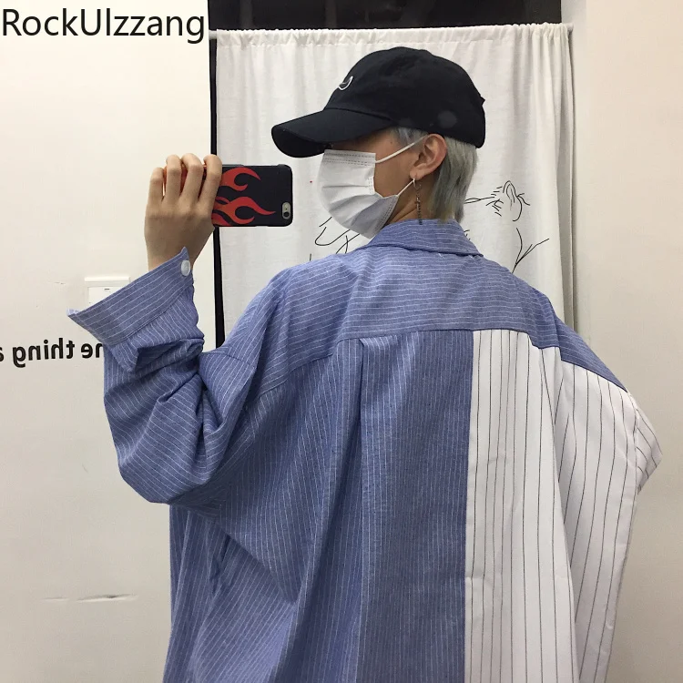 Блузка мужская оверсайз в полоску модная рубашка стиле пэчворк с длинным рукавом