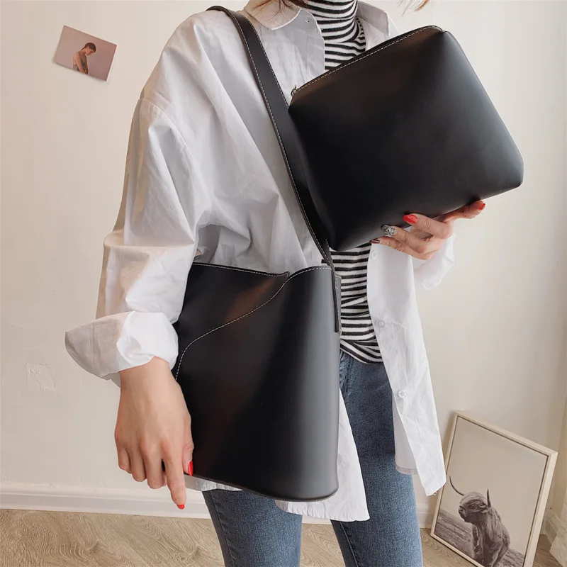 

Casual Solid Large Capacity Bucket Bags For Women Fashion Pu Leather Composite Bags For Ladies Simple Vintage Messenger Bags New