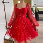 Короткие тюлевые платья Booma, красное платье-трапеция для выпускного вечера с длинными рукавами и открытой спиной, выше колена